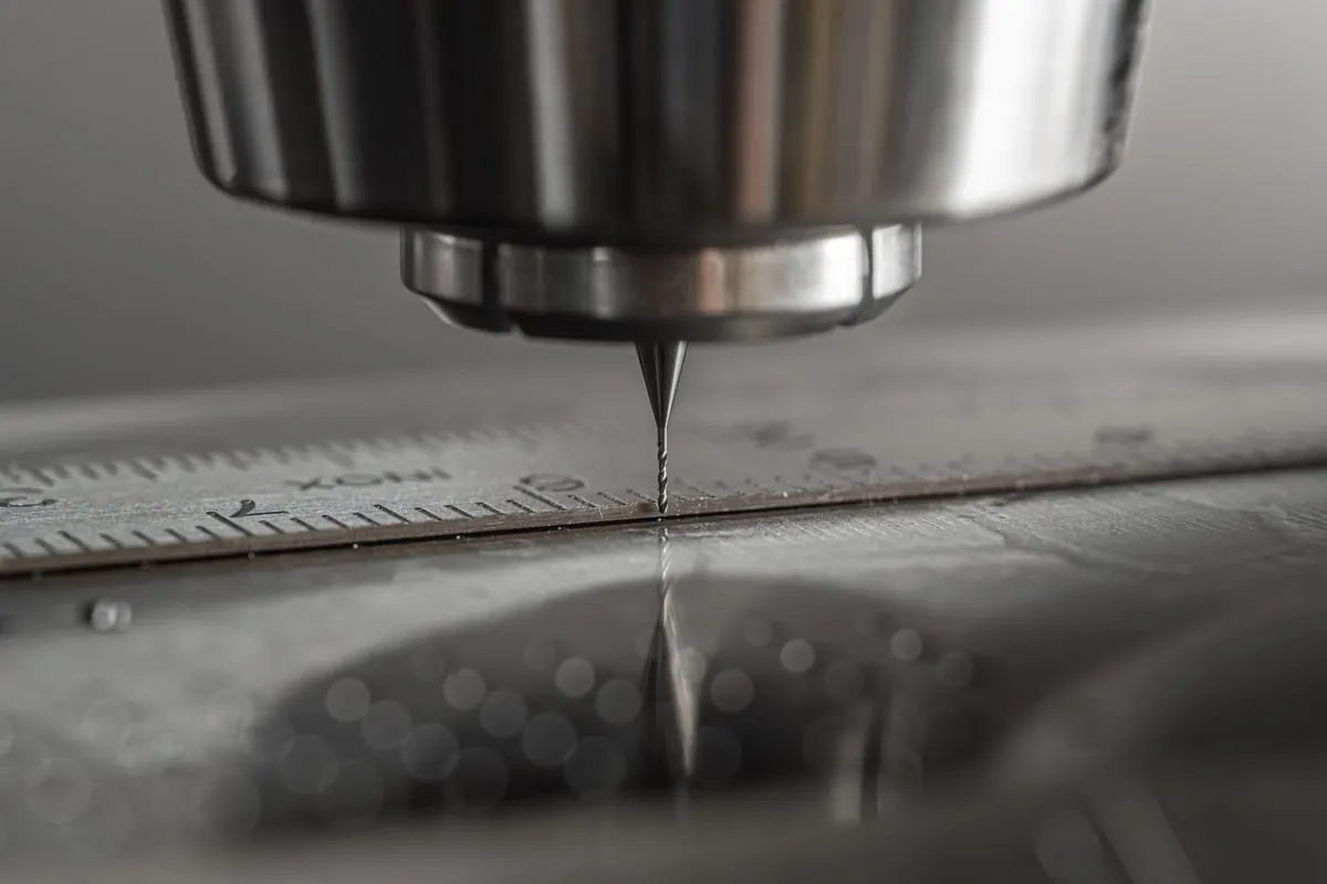 Micro end mill positioned over a steel rule